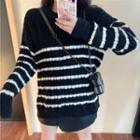 Long-sleeve Oversize Striped Knit Sweater Black - One Size