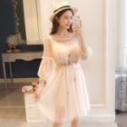 3/4-sleeve Floral Sheer A-line Dress