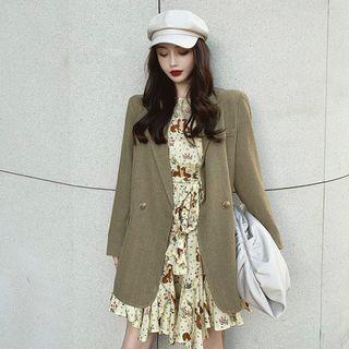 Double-breasted Blazer / Long-sleeve Animal Print A-line Dress