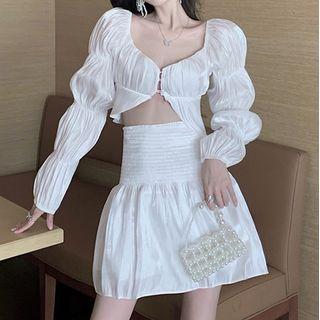 Set: Ruched Puff-sleeve Cropped Top + High-waist Ruched Skirt