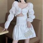Set: Ruched Puff-sleeve Cropped Top + High-waist Ruched Skirt