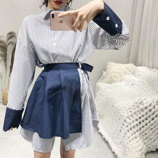 Set: Striped Long-sleeve Shirt Dress + Skirt