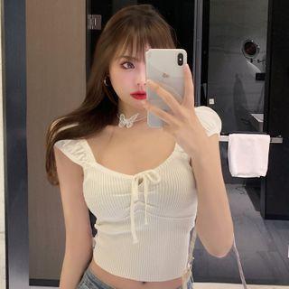 Sleeveless Tie Neck Plain Knit Cropped Top