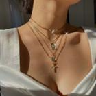 Rhinestone Cross & Padlock Pendant Layered Choker Necklace