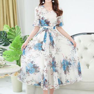 Flower Print V-neck Short-sleeve Midi Dress