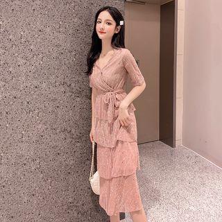 Short-sleeve Glitter Midi Layered Dress