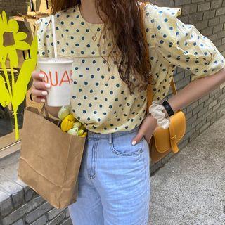 Short-sleeve Ruffle Trim Polka Dot Blouse Yellow - One Size