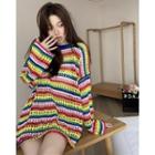 Rainbow-stripe Open-knit Loose Top Stripe - One Size