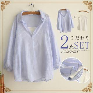 Set: Striped Split Neck Shirt + Camisole Top