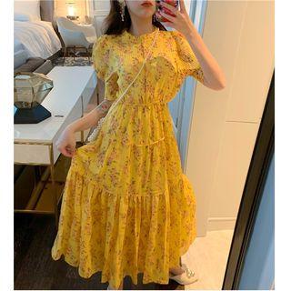 Floral Print Short-sleeve A-line Midi Dress As Shown In Figure - One Size