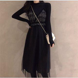 Long-sleeve Tweed Paneled Mini A-line Dress