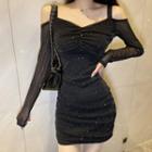 Cold-shoulder Rhinestone Mesh Dress Black - One Size