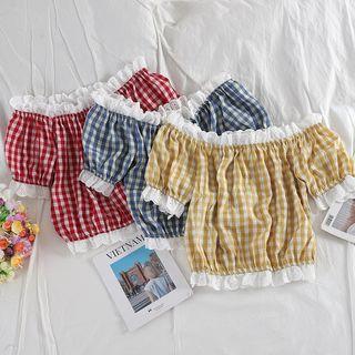 Check Off Shoulder Short-sleeve Top