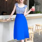 Set: Cap-sleeve Stripe Ribbed Top + Long Skirt Blue - One Size