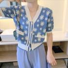 Elbow-sleeve Floral Print Cardigan Blue - One Size
