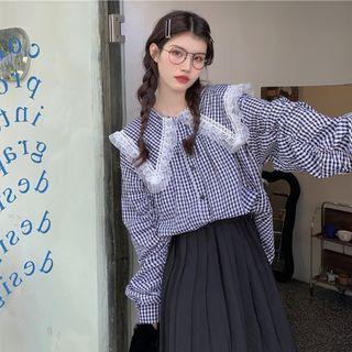Collared Gingham Blouse Black & White - One Size
