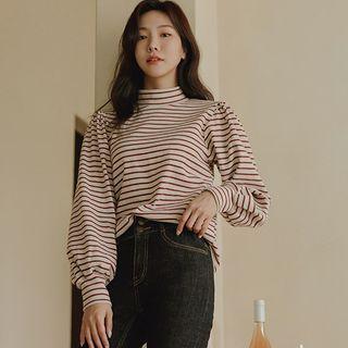 Mutton-sleeve Mock-neck Stripe Top