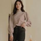 Mutton-sleeve Mock-neck Stripe Top