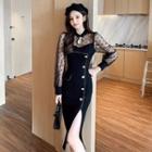 Long-sleeve Dotted Mesh-panel Dress