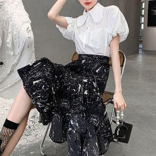 Puff-sleeve Beaded Blouse / Splatter Print Midi A-line Skirt