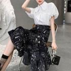 Puff-sleeve Beaded Blouse / Splatter Print Midi A-line Skirt