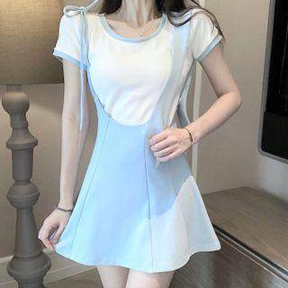 Short-sleeve T-shirt / Tie-strap Mini A-line Overall Dress