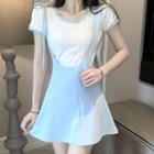 Short-sleeve T-shirt / Tie-strap Mini A-line Overall Dress