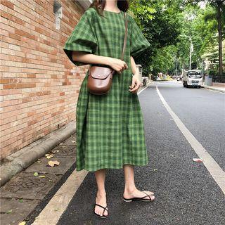 Elbow Sleeve Checked Midi Dress Green - One Size