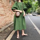 Elbow Sleeve Checked Midi Dress Green - One Size