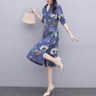 Print Denim Midi A-line Shirtdress