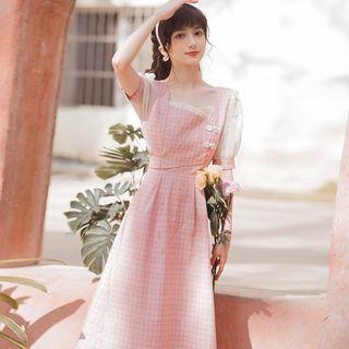 Short-sleeve Plaid Frog-buttoned Midi A-line Dress