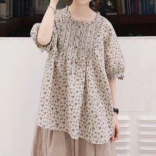 Puff Sleeve Floral Print Frilled Blouse Floral - One Size