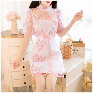 Set: Floral Short-sleeve Top + A-line Skirt + Camisole Top