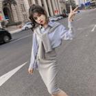 Set: Mock Two-piece Shirt + High-waist Pencil Skirt