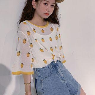 Contrast Trim Sheer Fruit Print Short-sleeve Knit Top