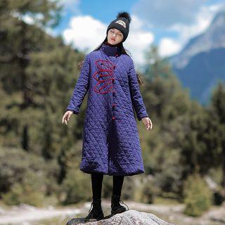 Contrast-trim Knot Button Padded Long Coat
