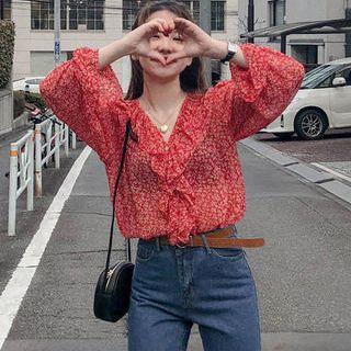 Bell-sleeve Floral Top As Shown In Figure - One Size