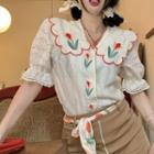 Short-sleeve Floral Embroidered Lace Blouse White - One Size
