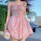 Spaghetti Strap Floral Print Mini A-line Dress / Lace Shorts