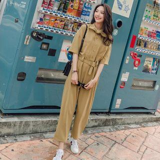 Short-sleeve Bow-accent Wide-leg Jumpsuit