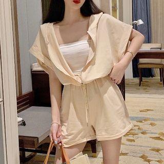 Elbow-sleeve Hooded Zip Wide-leg Playsuit