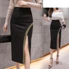 Contrast Trim Slit-front Midi Straight-fit Skirt