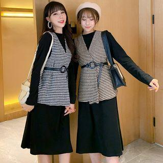 Set: Houndstooth Vest + Long-sleeve Midi Dress