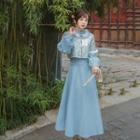 Set: Short-sleeve Frog Button Cropped Jacket + Long-sleeve Midi A-line Dress