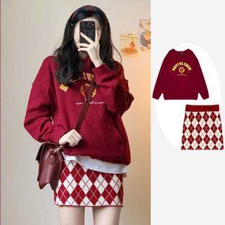 Print Hoodie / Argyle Mini Skirt / Set