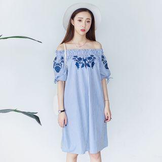 Off-shoulder Embroidered Tunic With Sash
