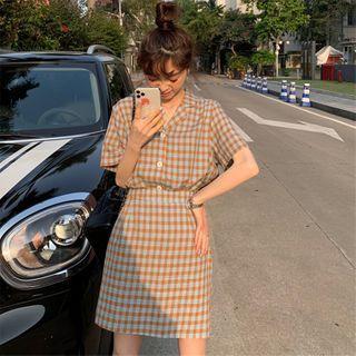 Set: Short-sleeve Plaid Shirt + Fitted Mini Skirt