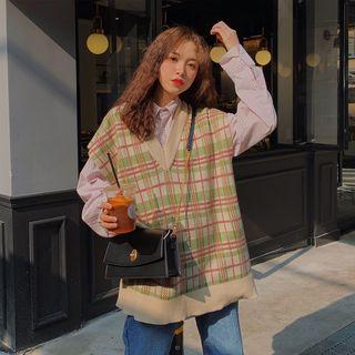 Striped Shirt / V-neck Plaid Knit Vest