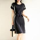 Short-sleeve Tie-waist Two-tone A-line Dress