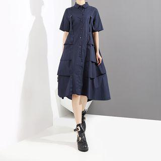 Short-sleeve Buckled Midi Shirt Dress Blue - One Size